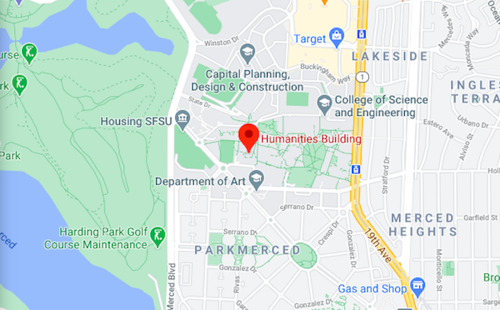 Google Map of Humanities Building and surrounding campus area